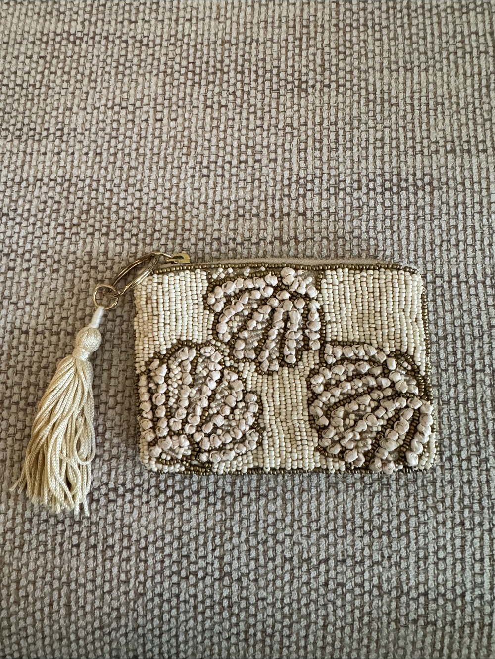Anthropologie Cream Beaded Card Pouch with Tassel